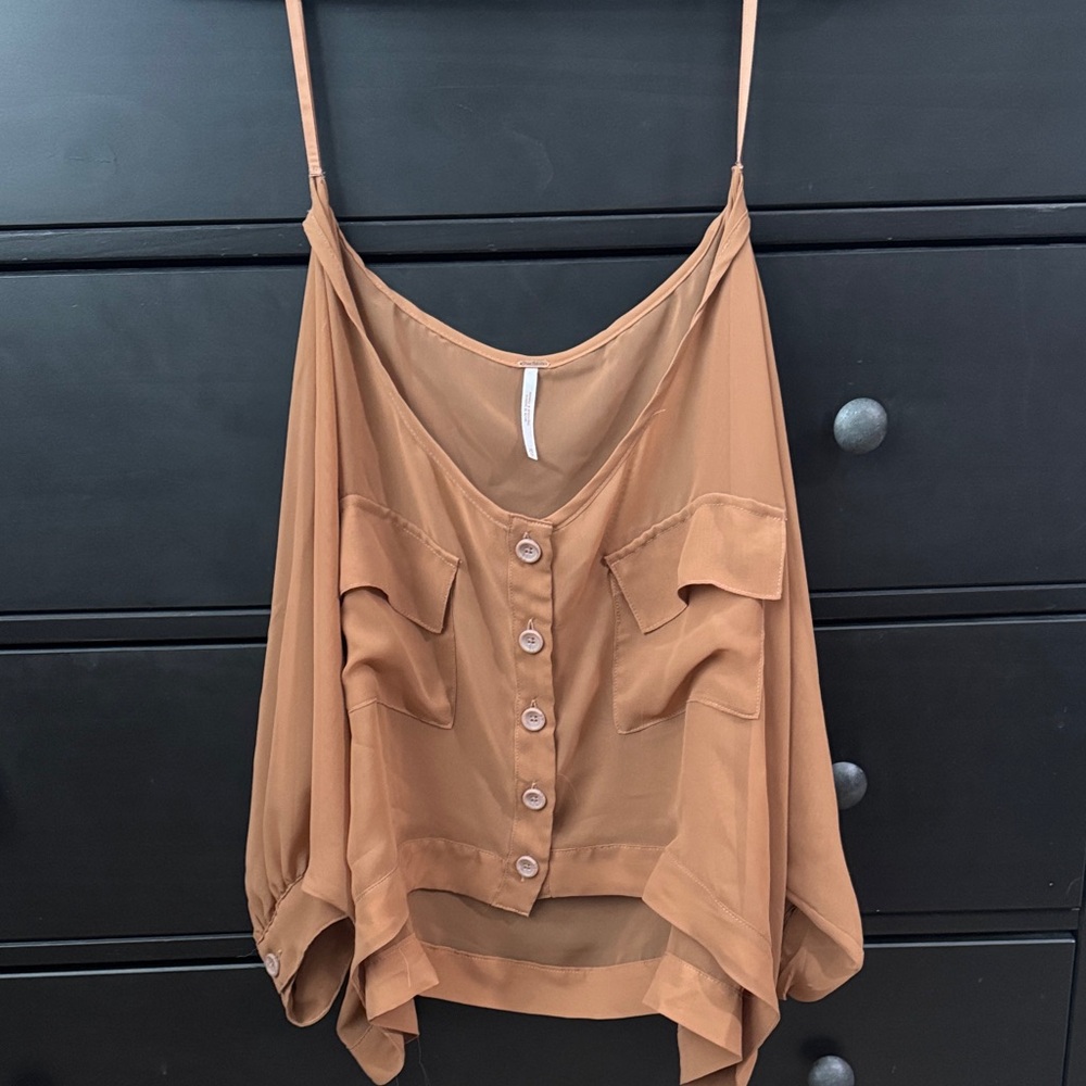 Free People Tan Button-Down crop blouse
